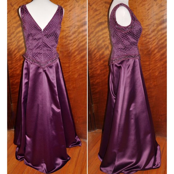 Mark & Lizzie Plum Beaded Sleeveless Satin Formal Evening Gown - Picture 3 of 7
